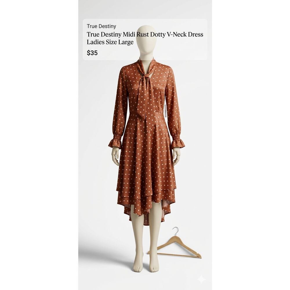 True Destiny Rust Polka Dot V Neck Dress Large NWT